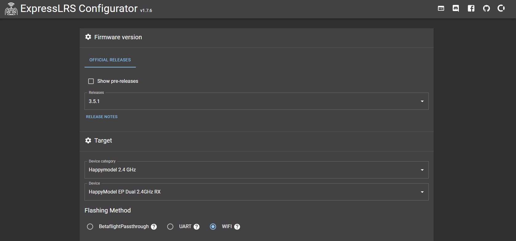 ELRS Configurator - volba verze a hardwaru