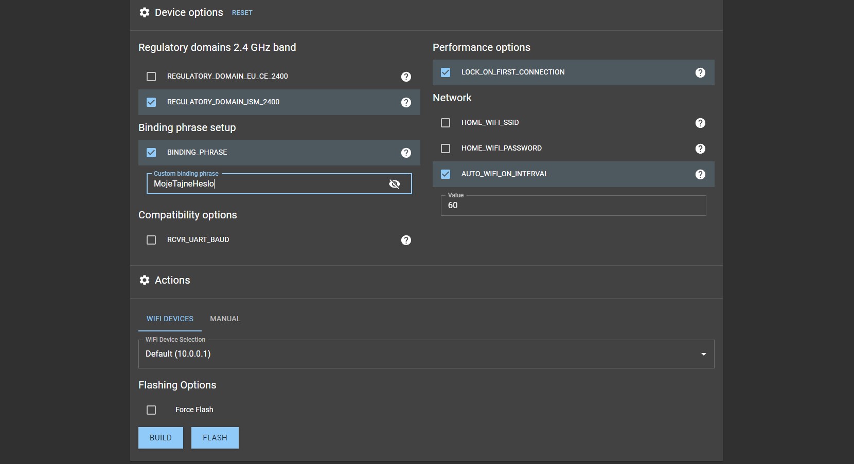 ELRS Configurator - Regulatory domain a Binding phrase